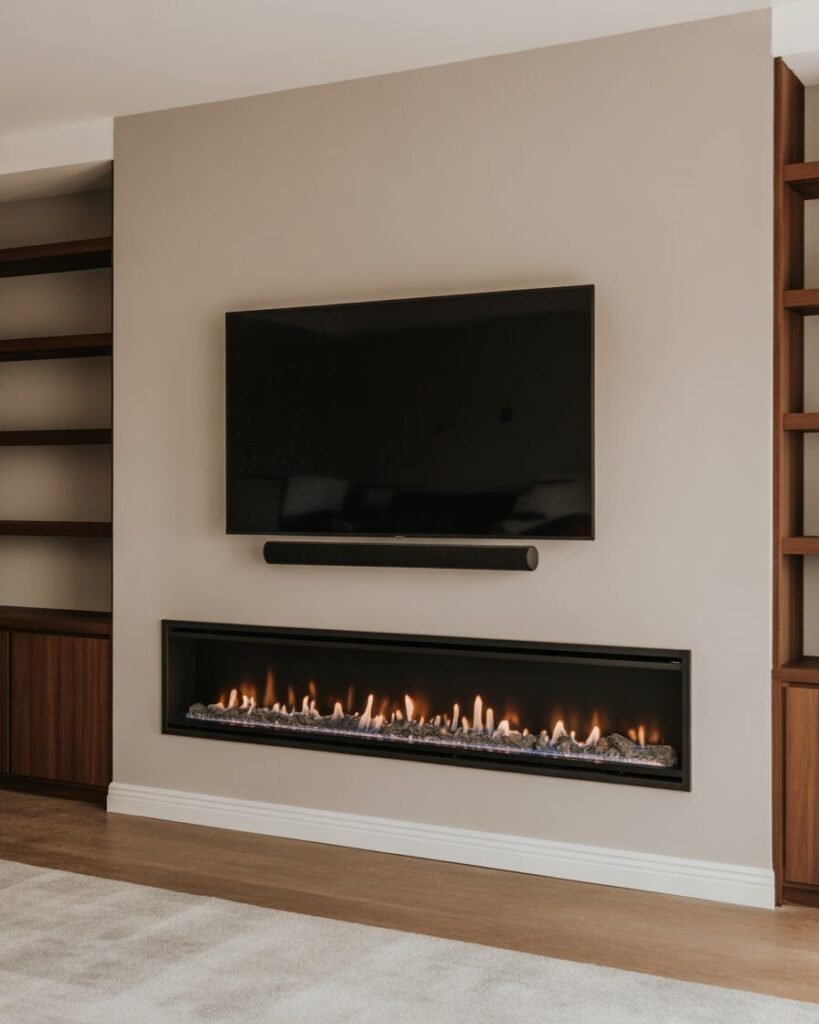 A long, linear gas fireplace integrated into a sleek media wall in a basement.