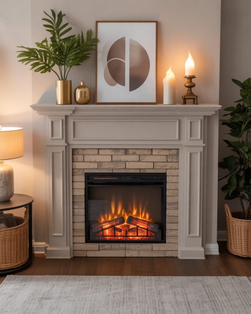A decorative, non-working fireplace insert with a flickering light effect in a basement.