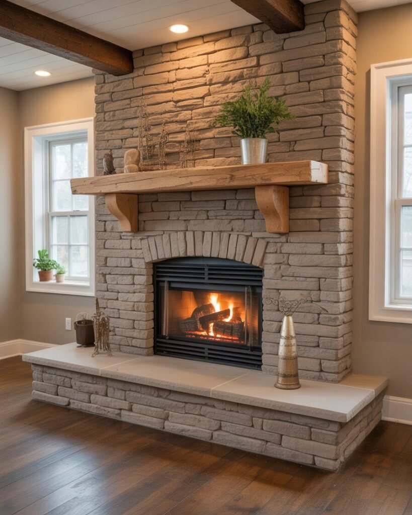 A basement fireplace featuring a large, raised stacked stone hearth.