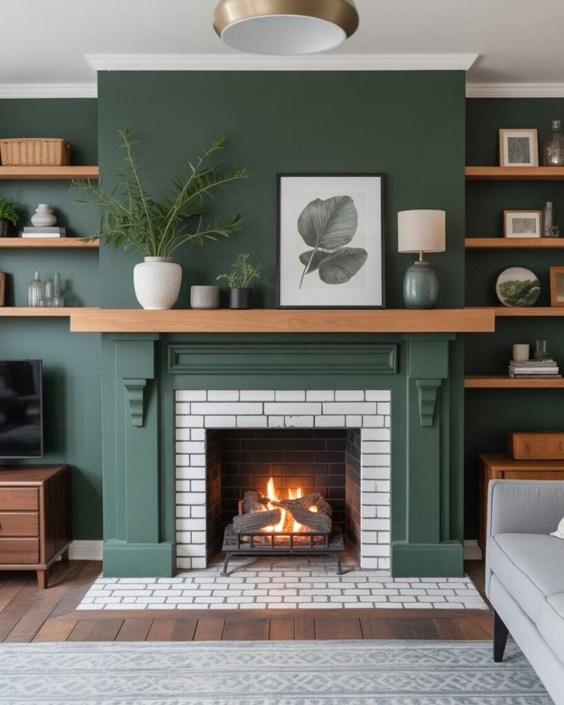 A basement fireplace with its brick or concrete surround painted a bold, vibrant color.